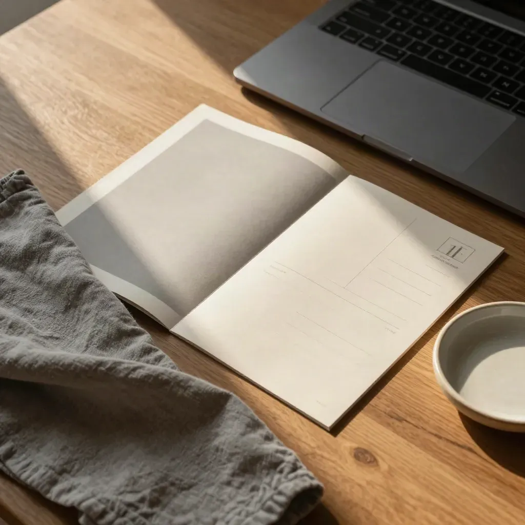 Overhead copy kit on an oak workbench with laptop, paper modules, cloth, postcard and dish.