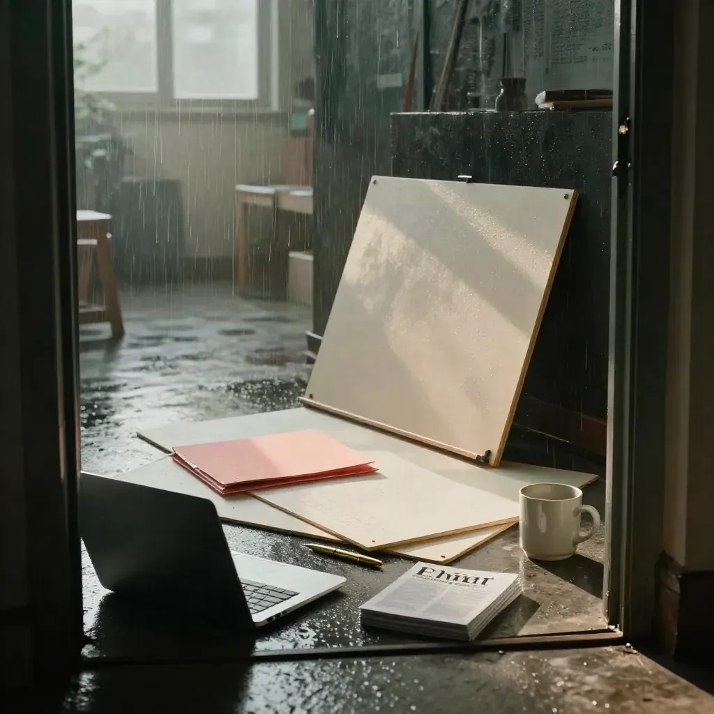 Rainy dawn copywriting tableau with laptop, page boards, folder, mug and pen on concrete.