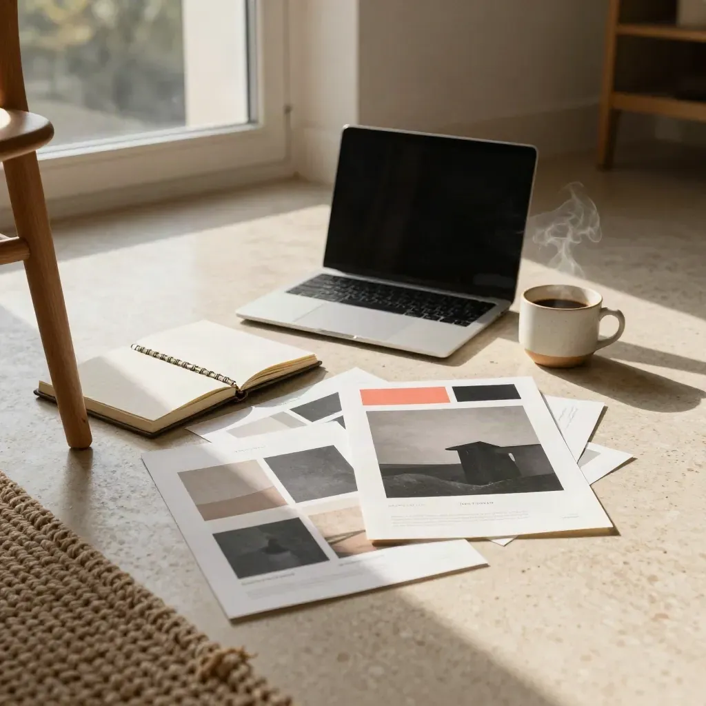 Closed laptop, notebook, coffee cup and homepage mockups on a founder’s studio floor by a north window