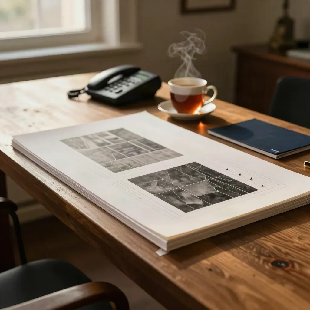 Low-angle launch page workstation with proof boards, tea mug, and face-down phone on a long table.