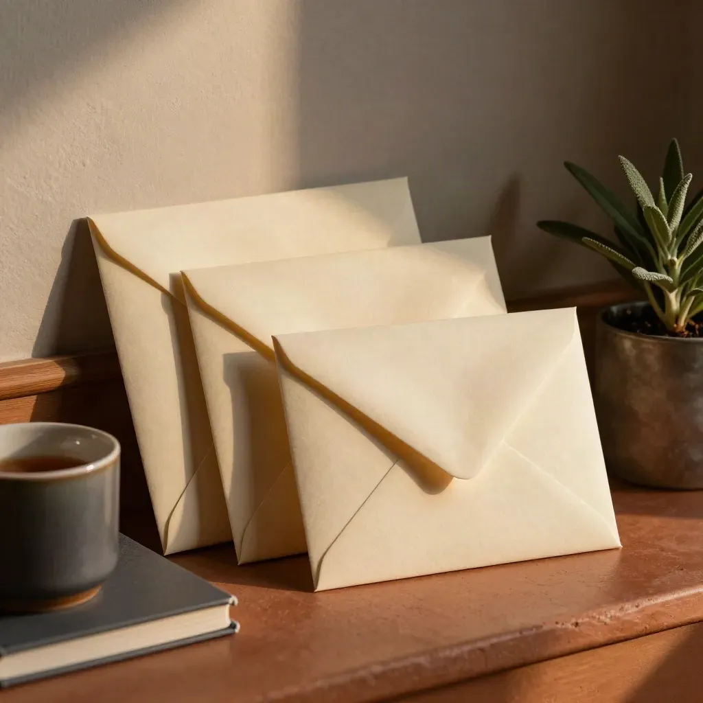 Envelope kit, notebook, mug and plant in a warm editorial still life for email welcome flow.
