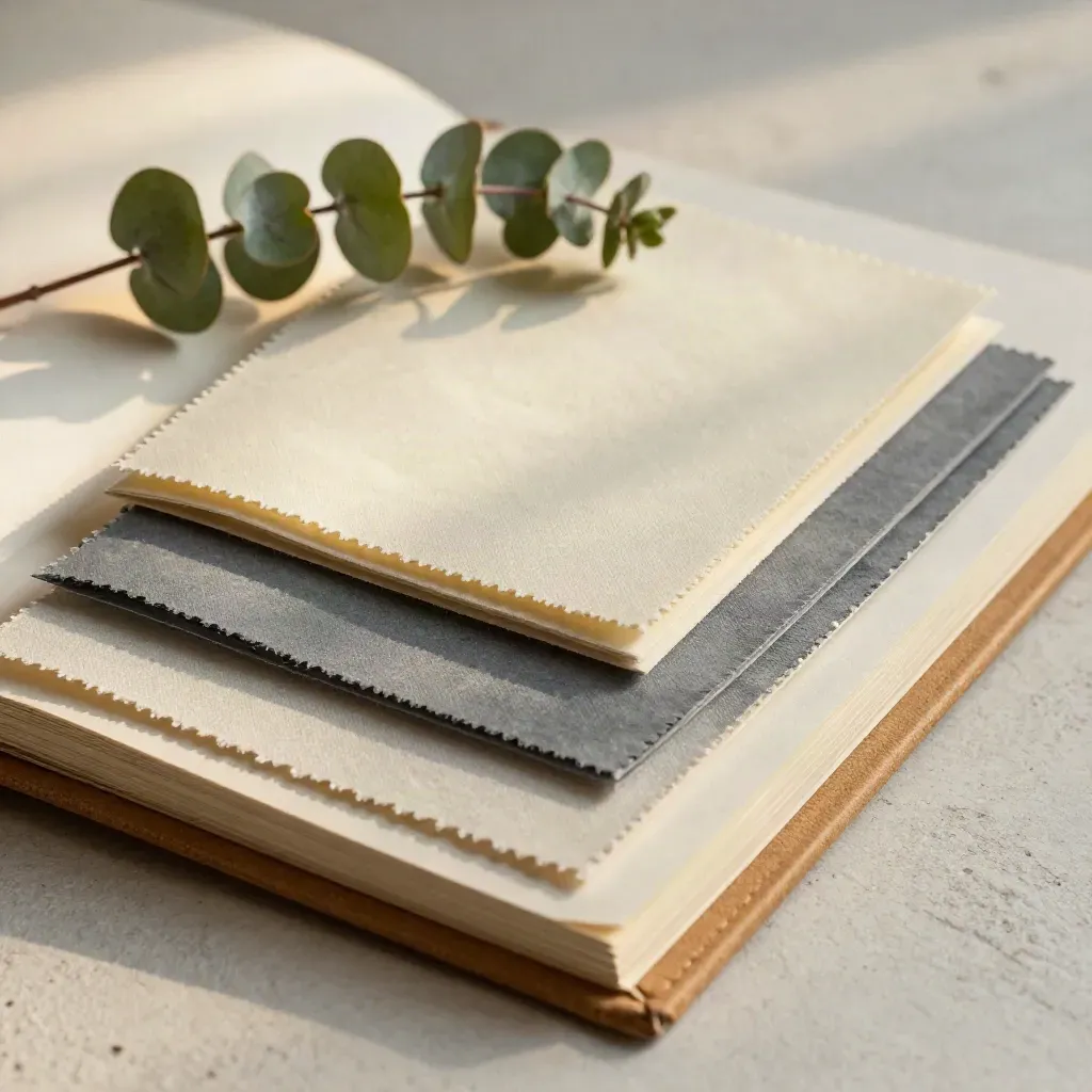 Tone guide binder with swatches and eucalyptus on a sunlit cream surface.