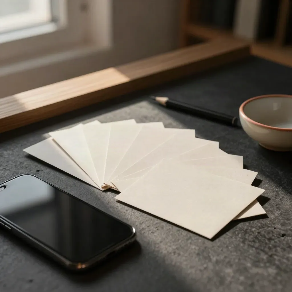 Macro of content cards, face-down phone, pencil and coral-rimmed bowl on a dark stone surface.
