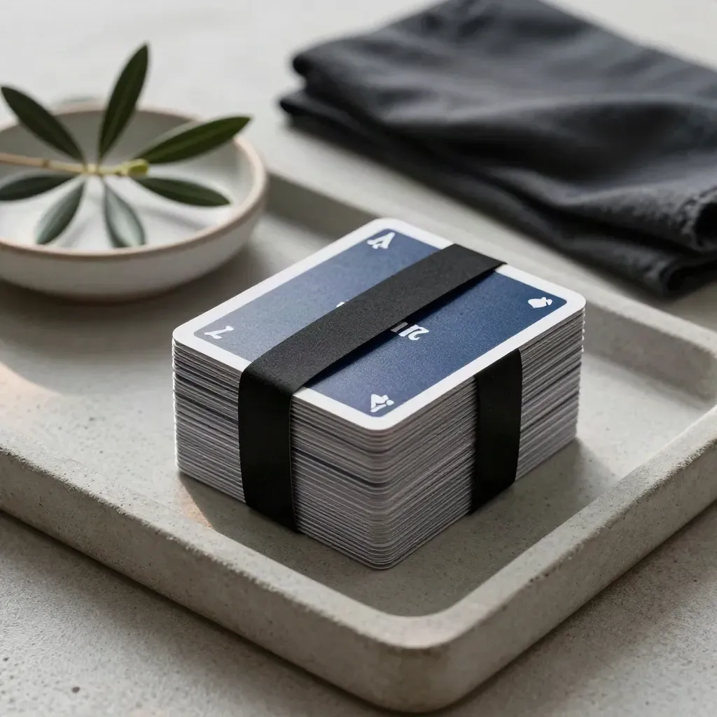 Top-down still life of pitch cards, olive plant, slate cloth and ceramic dish on stone.