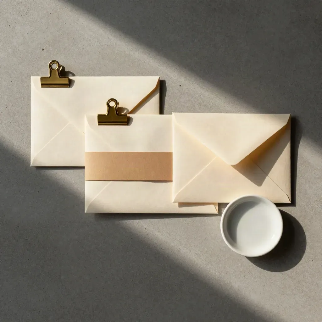 Overhead flatlay of mailer envelopes, brass clip, paper band and ceramic dish on concrete.